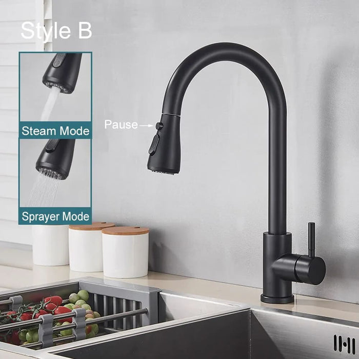Black Kitchen Faucet with Flexible Pull out Nozzle and Hot