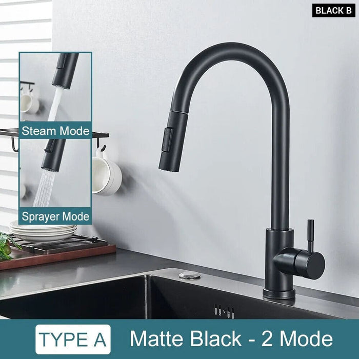 Black Kitchen Faucet with Flexible Pull out Nozzle and Hot