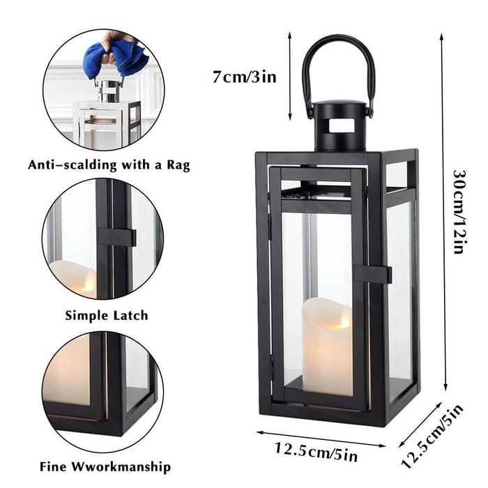 Black Metal Candle Lanterns Hanging With Tempered Glass