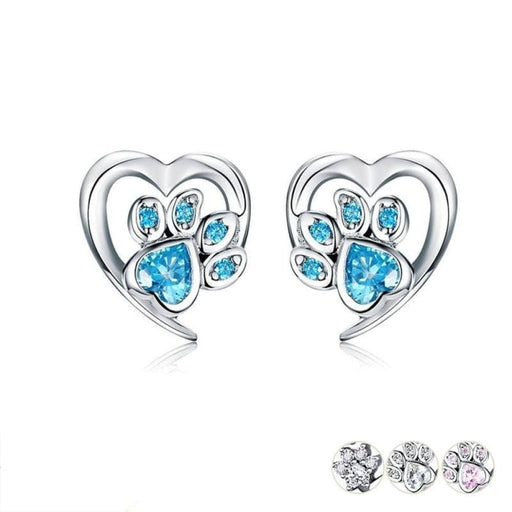 Blue Crystal Paw Stud Earrings For Girl Heart Shape Cz