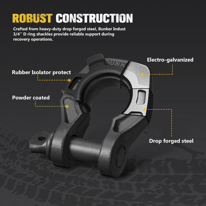 Pair Bow Shackle 4.75Ton Rated 3 / 4” D-Ring With Isolator Black