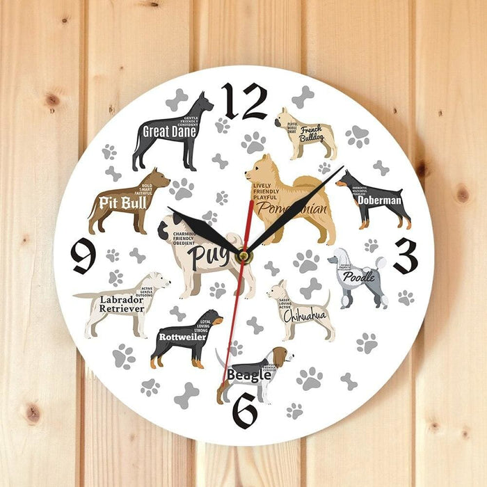 Dog Breeds Printed Wall Clock Paws Bones Puppy Dogs Modern