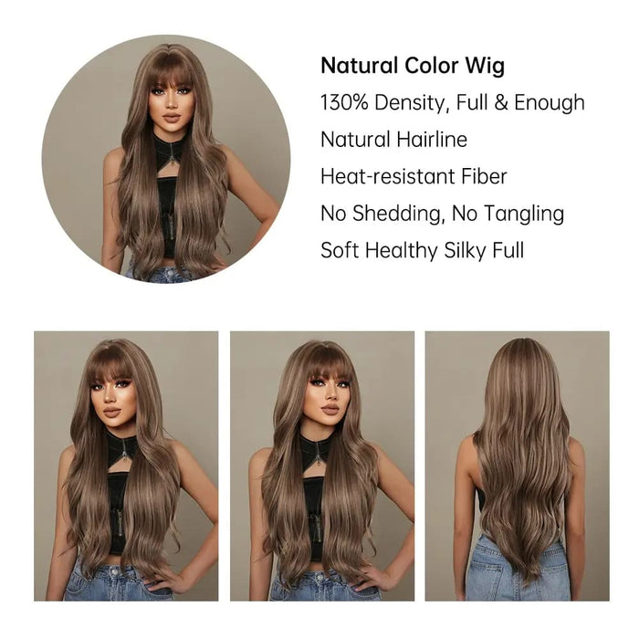 Brown Mixed Blonde Synthetic Wavy Wig with Bang