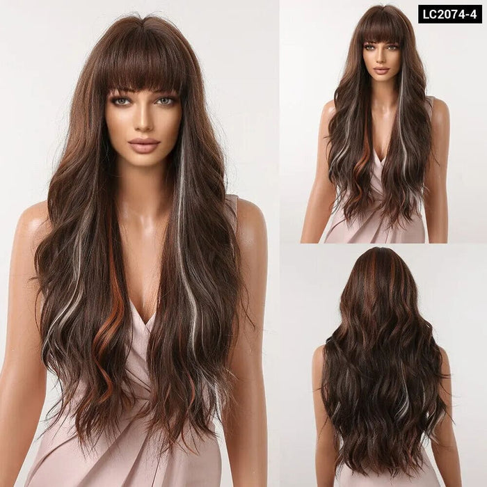 Brown Mixed Blonde Synthetic Wavy Wig with Bang