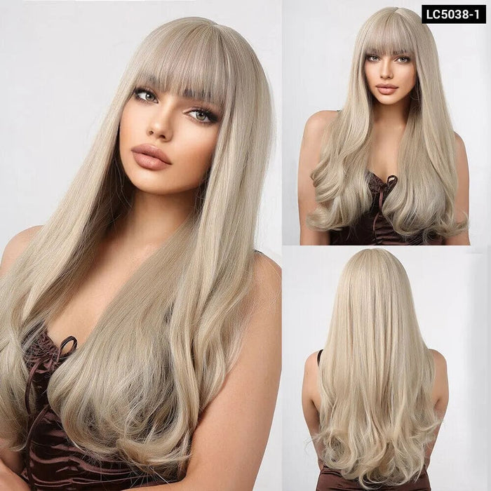 Brown Mixed Blonde Synthetic Wavy Wig with Bang