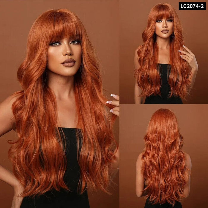 Brown Mixed Blonde Synthetic Wavy Wig with Bang