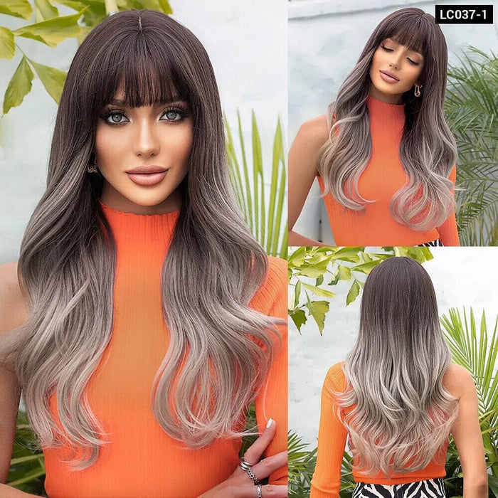 Brown Mixed Blonde Synthetic Wavy Wig with Bang