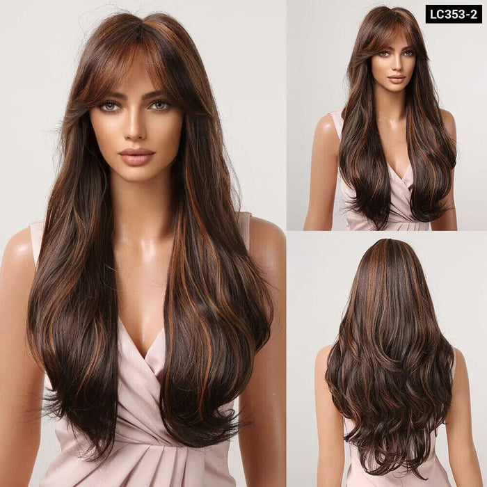 Brown Mixed Blonde Synthetic Wavy Wig with Bang