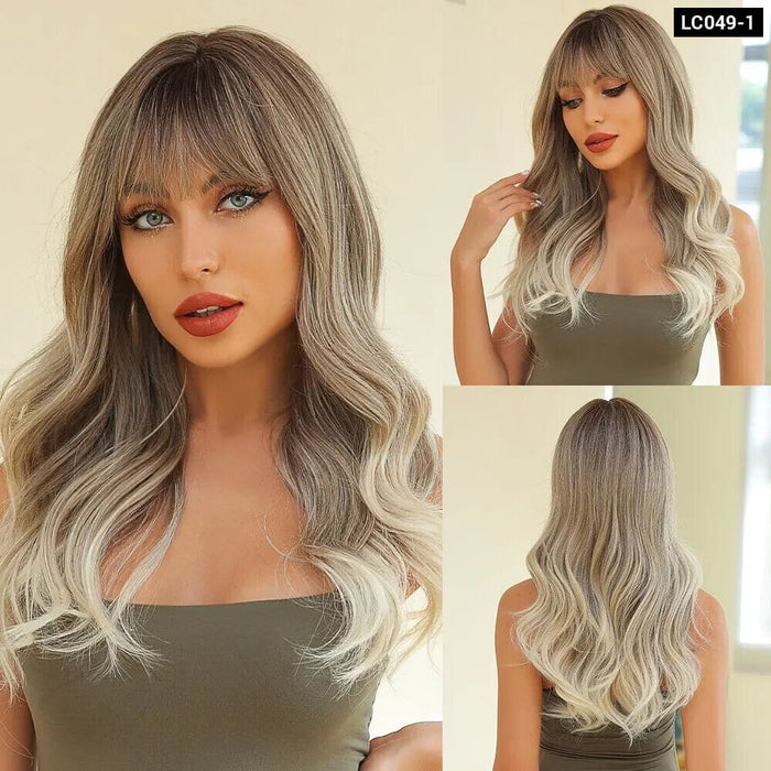 Brown Mixed Blonde Synthetic Wavy Wig with Bang