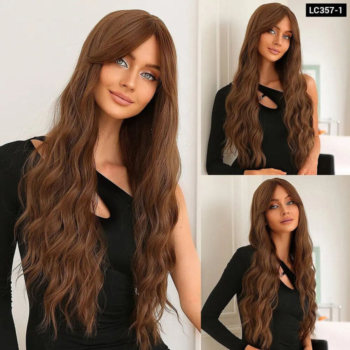 Brown Mixed Blonde Synthetic Wavy Wig with Bang