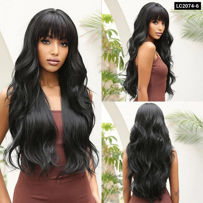 Brown Mixed Blonde Synthetic Wavy Wig with Bang