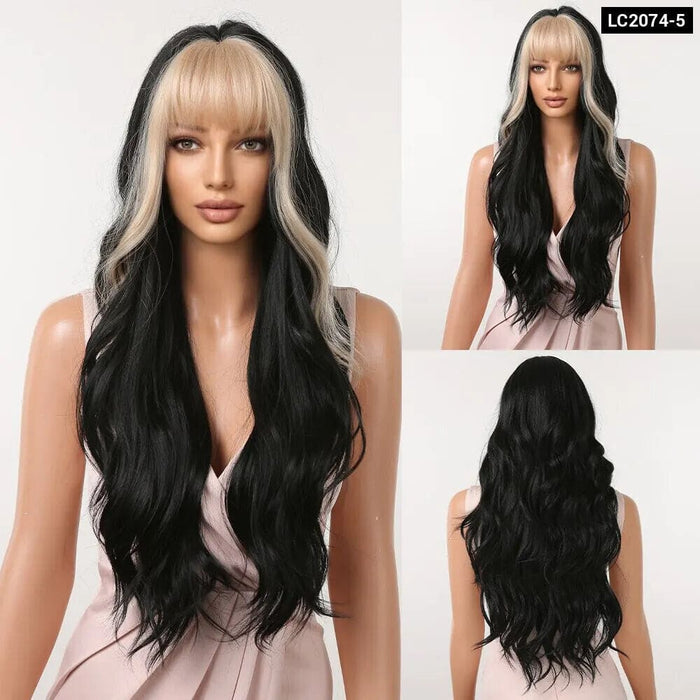 Brown Mixed Blonde Synthetic Wavy Wig with Bang