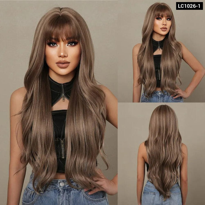Brown Mixed Blonde Synthetic Wavy Wig with Bang