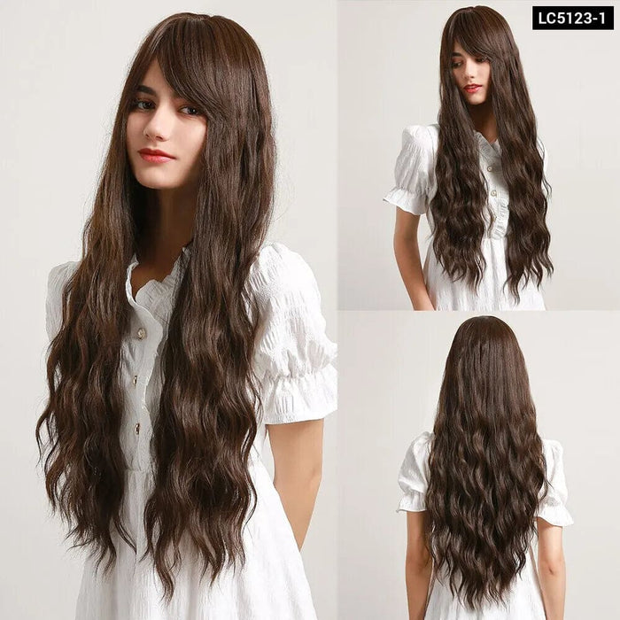 Brown Mixed Blonde Synthetic Wavy Wig with Bang