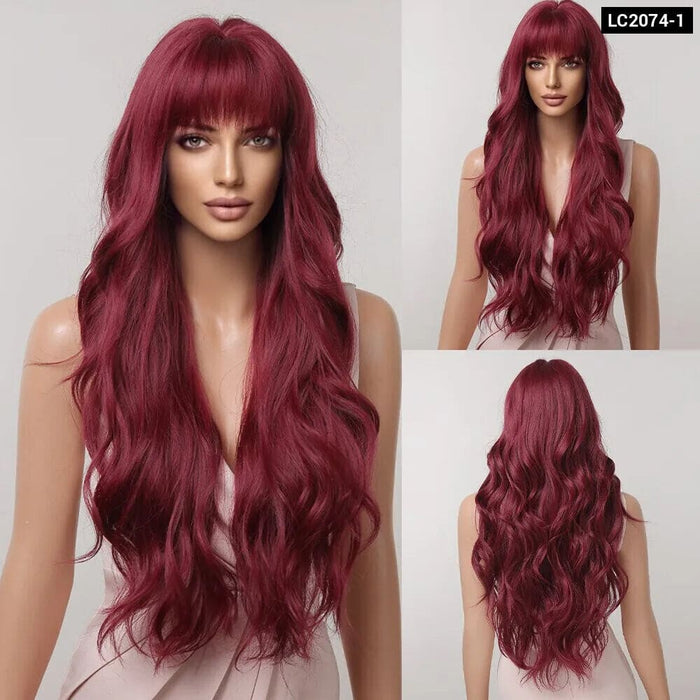 Brown Mixed Blonde Synthetic Wavy Wig with Bang