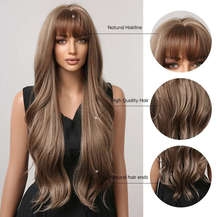 Brown Mixed Blonde Synthetic Wavy Wig with Bang