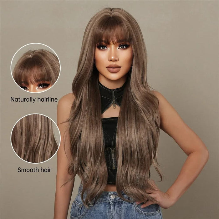 Brown Mixed Blonde Synthetic Wavy Wig with Bang