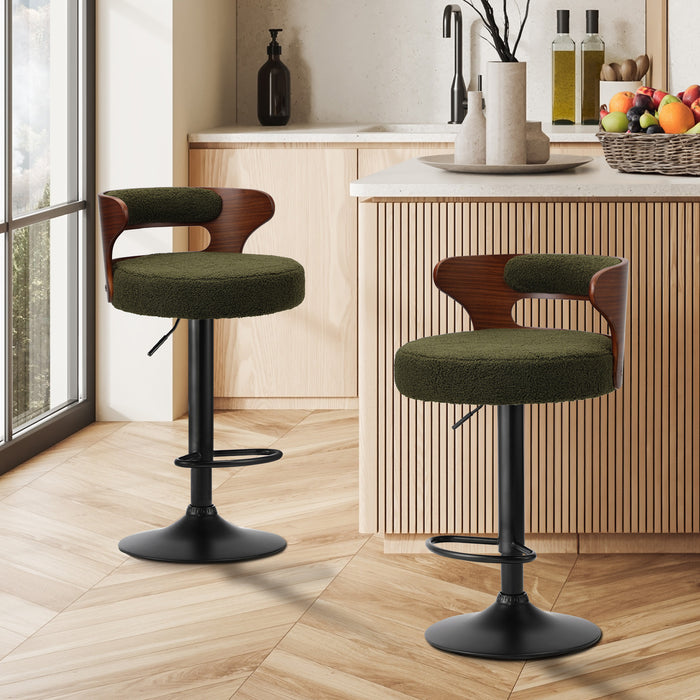 2X Bar Stools Kitchen Gas Lift Swivel Chairs Stool Wooden Boucle Green