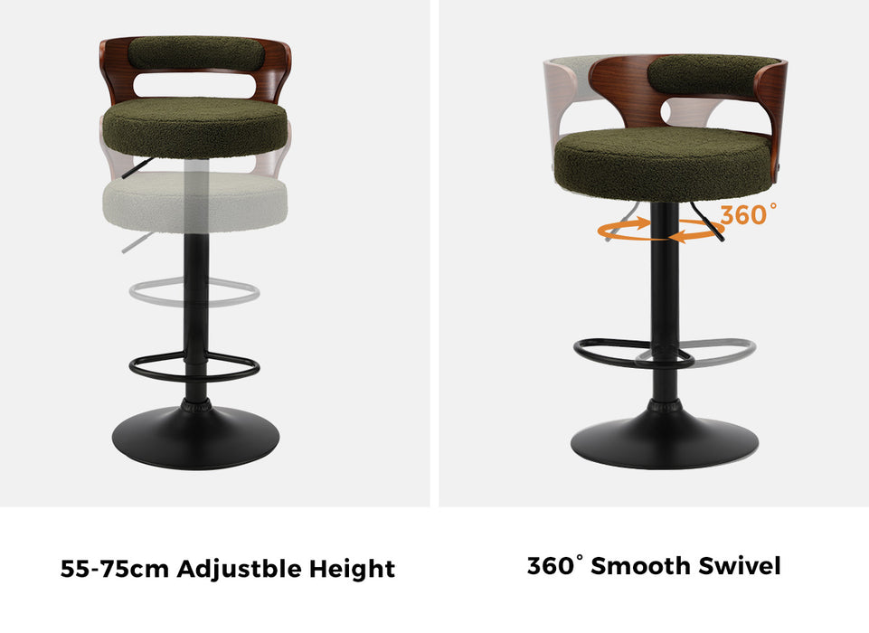 2X Bar Stools Kitchen Gas Lift Swivel Chairs Stool Wooden Boucle Green