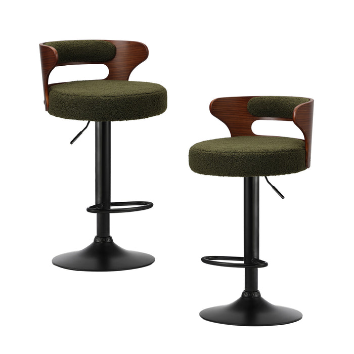 2X Bar Stools Kitchen Gas Lift Swivel Chairs Stool Wooden Boucle Green