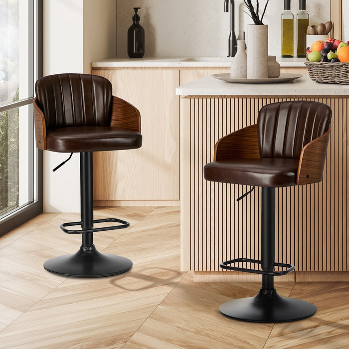 2X Bar Stools Adjustable Counter Height Stool Swivel Leather Brown