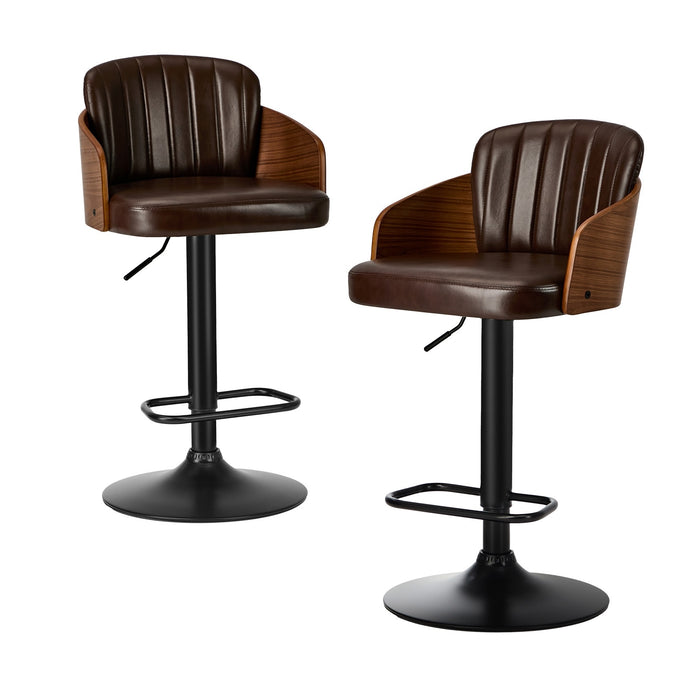 2X Bar Stools Adjustable Counter Height Stool Swivel Leather Brown