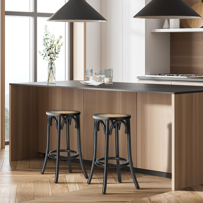 2X Bar Stools Kitchen Vintage Dining Chair Rattan Seat Black