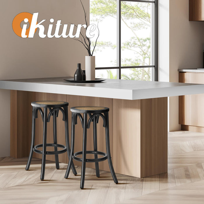 2X Bar Stools Kitchen Vintage Dining Chair Rattan Seat Black