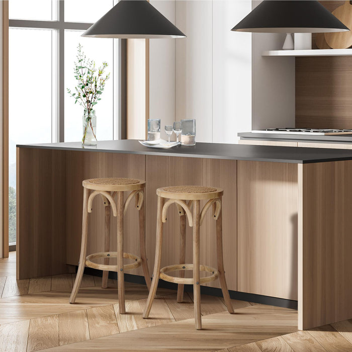 2X Bar Stools Kitchen Vintage Dining Chair Rattan Seat Natural