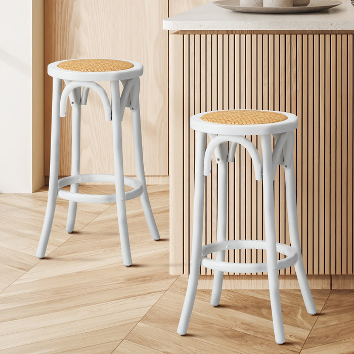 2X Bar Stools Kitchen Vintage Dining Chair Rattan Seat White