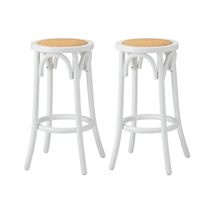 2X Bar Stools Kitchen Vintage Dining Chair Rattan Seat White