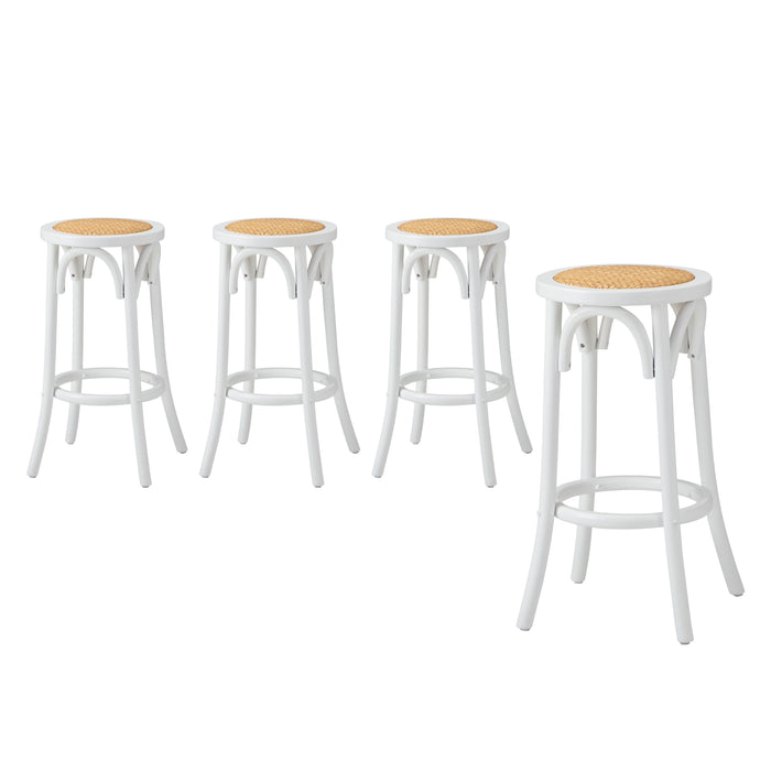 Set Of 4 Bar Stools Kitchen Vintage Dining Chair Rattan Seat White