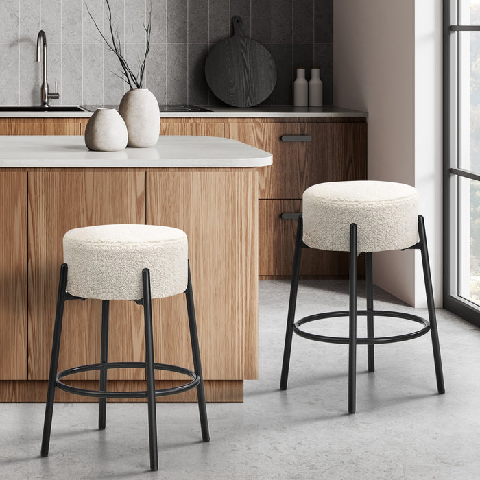 2X Bar Stools Kitchen Dining Chair Round Stool Boucle Fabric White