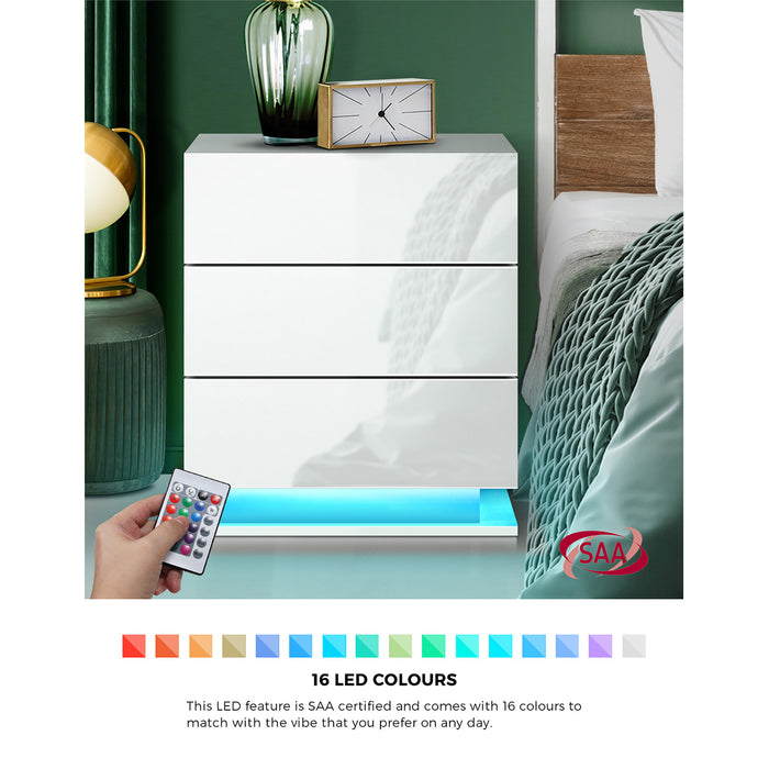 Bedside Table Rgb Led Nightstand Cabinet 3 Drawers Side Table Furniture