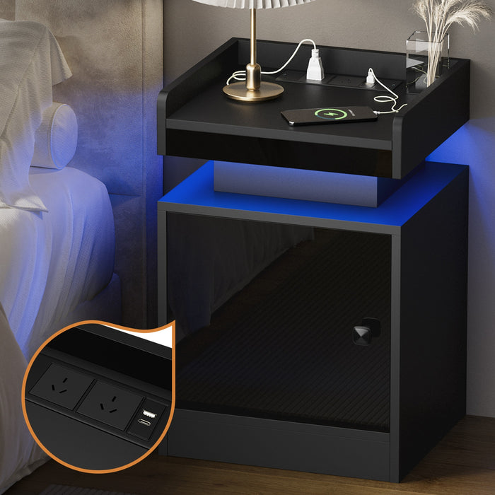 Bedside Table Led Nightstand Usb Charging Station Side Table Black