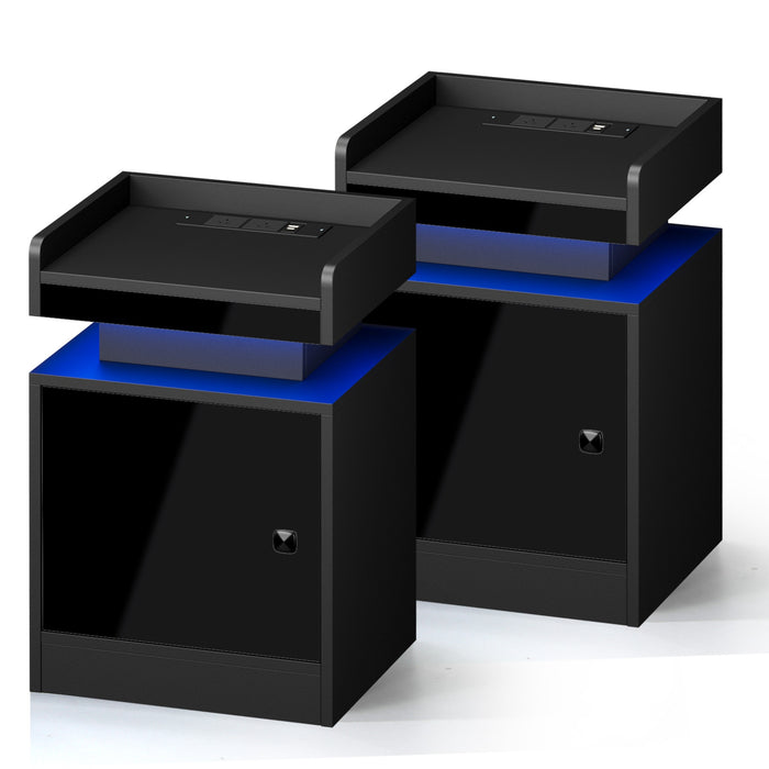 2X Bedside Table Led Nightstand Usb Charging Station Side Table Black