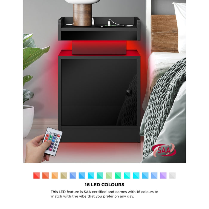 2X Bedside Table Led Nightstand Usb Charging Station Side Table Black