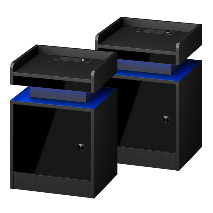 2X Bedside Table Led Nightstand Usb Charging Station Side Table Black