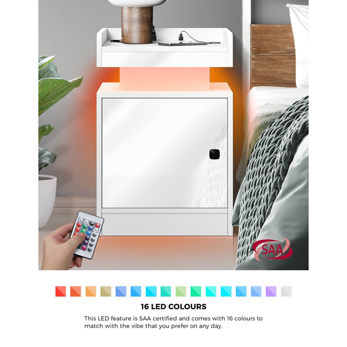 2X Bedside Table Led Nightstand Usb Charging Station Side Table White