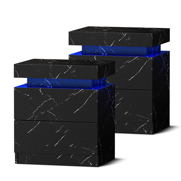 2X Bedside Table 2 Drawers Led Nightstand Marble Effect Black