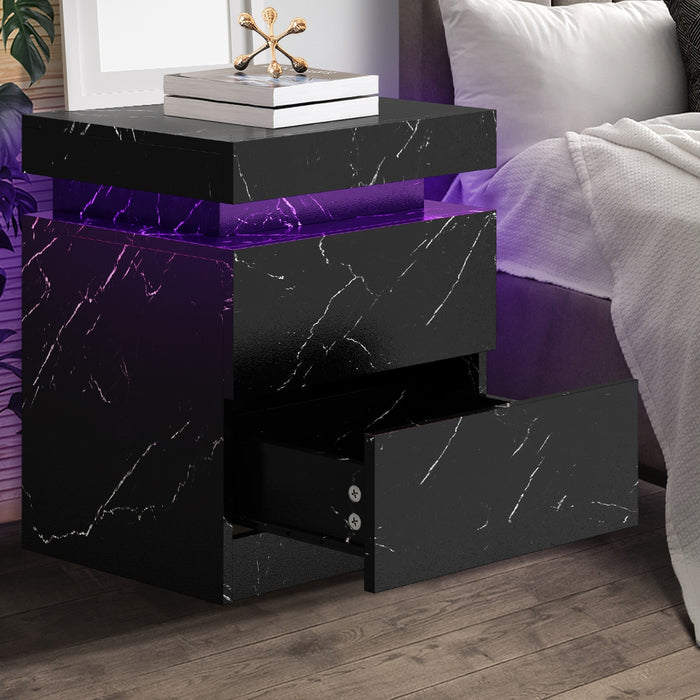 2X Bedside Table 2 Drawers Led Nightstand Marble Effect Black