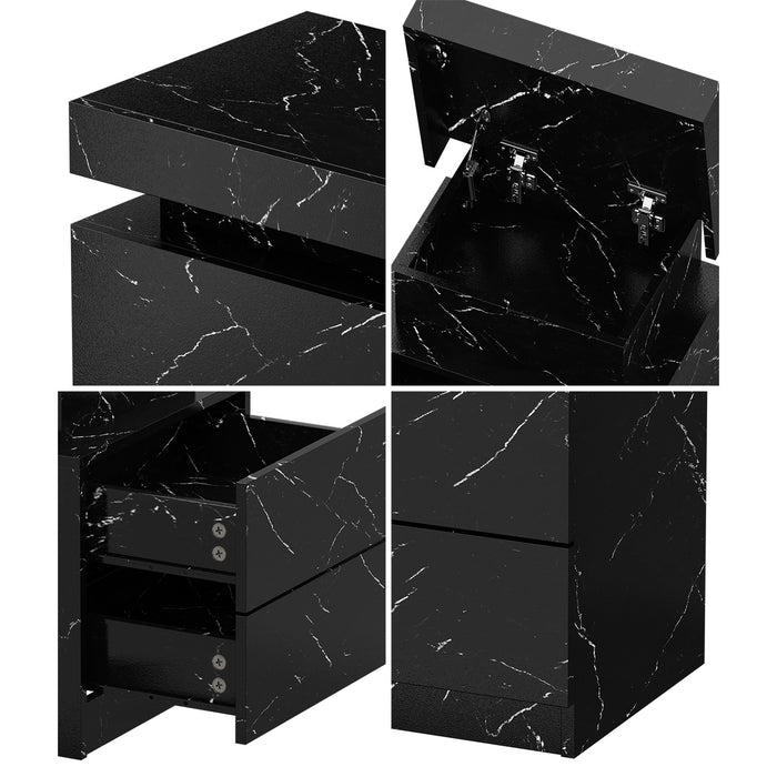 2X Bedside Table 2 Drawers Led Nightstand Marble Effect Black