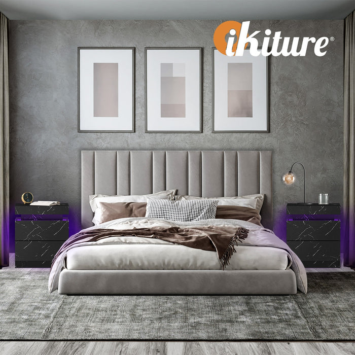 2X Bedside Table 2 Drawers Led Nightstand Marble Effect Black