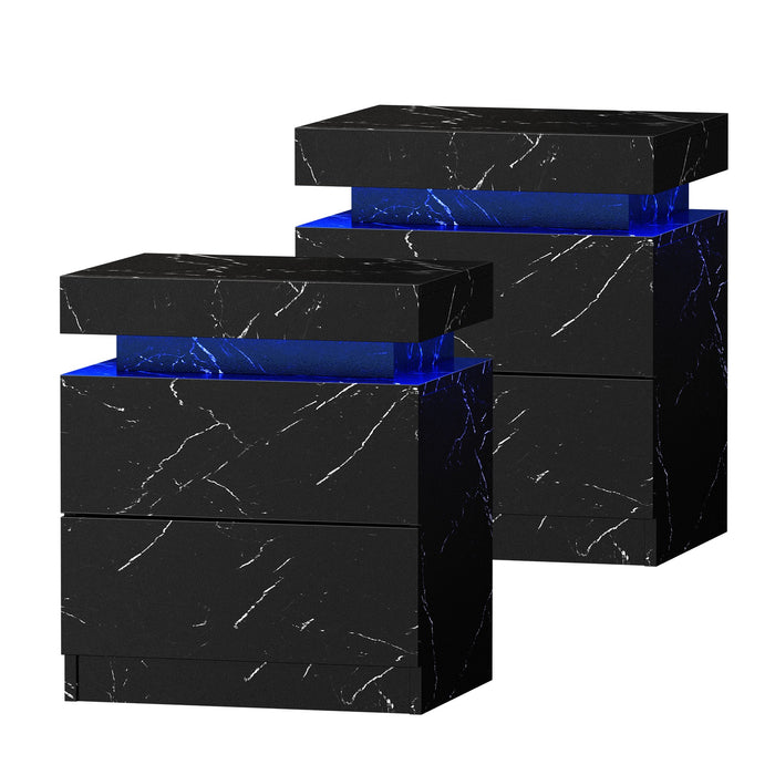 2X Bedside Table 2 Drawers Led Nightstand Marble Effect Black
