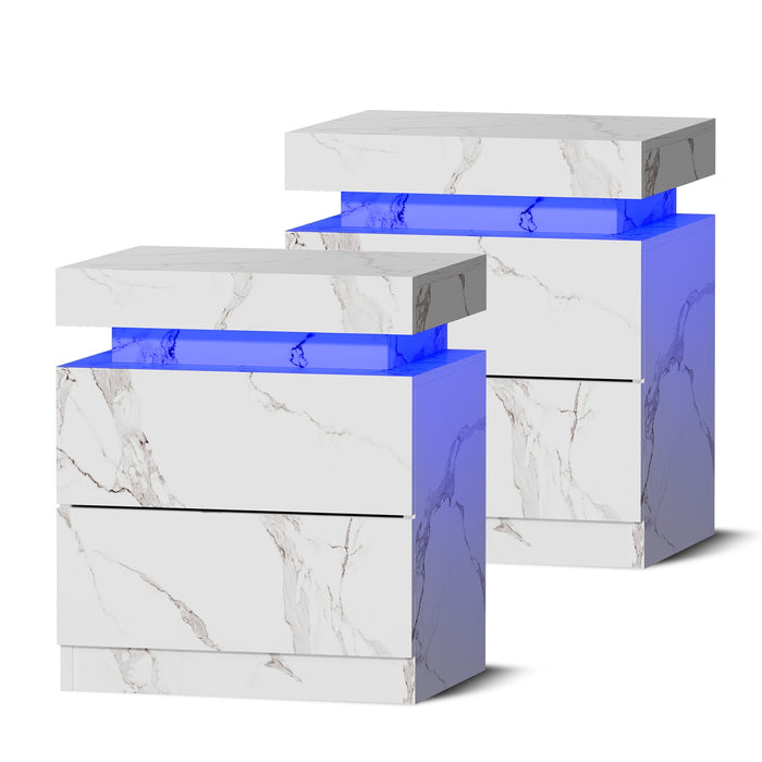 2X Bedside Table 2 Drawers Led Nightstand Marble Effect White