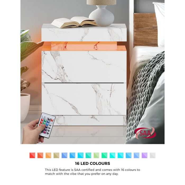 2X Bedside Table 2 Drawers Led Nightstand Marble Effect White