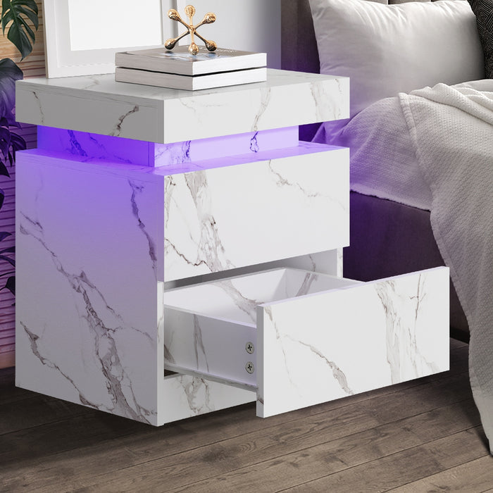 2X Bedside Table 2 Drawers Led Nightstand Marble Effect White