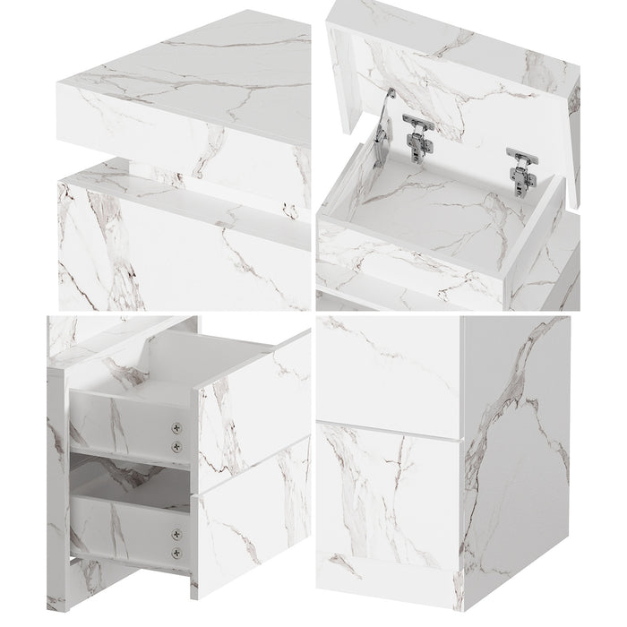 2X Bedside Table 2 Drawers Led Nightstand Marble Effect White