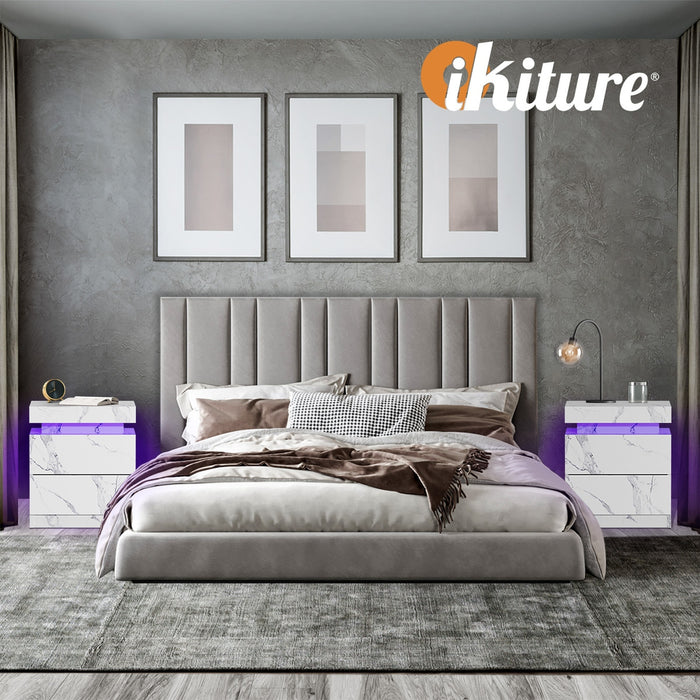 2X Bedside Table 2 Drawers Led Nightstand Marble Effect White