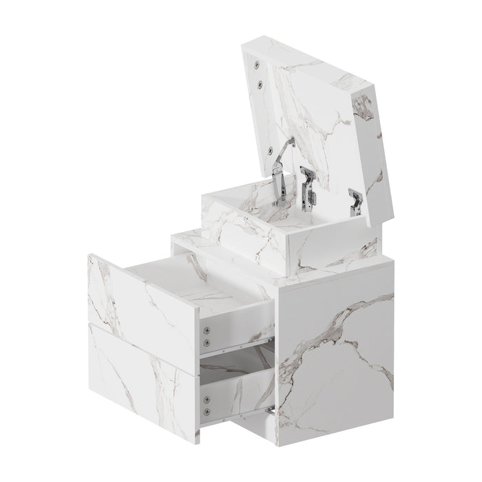2X Bedside Table 2 Drawers Led Nightstand Marble Effect White